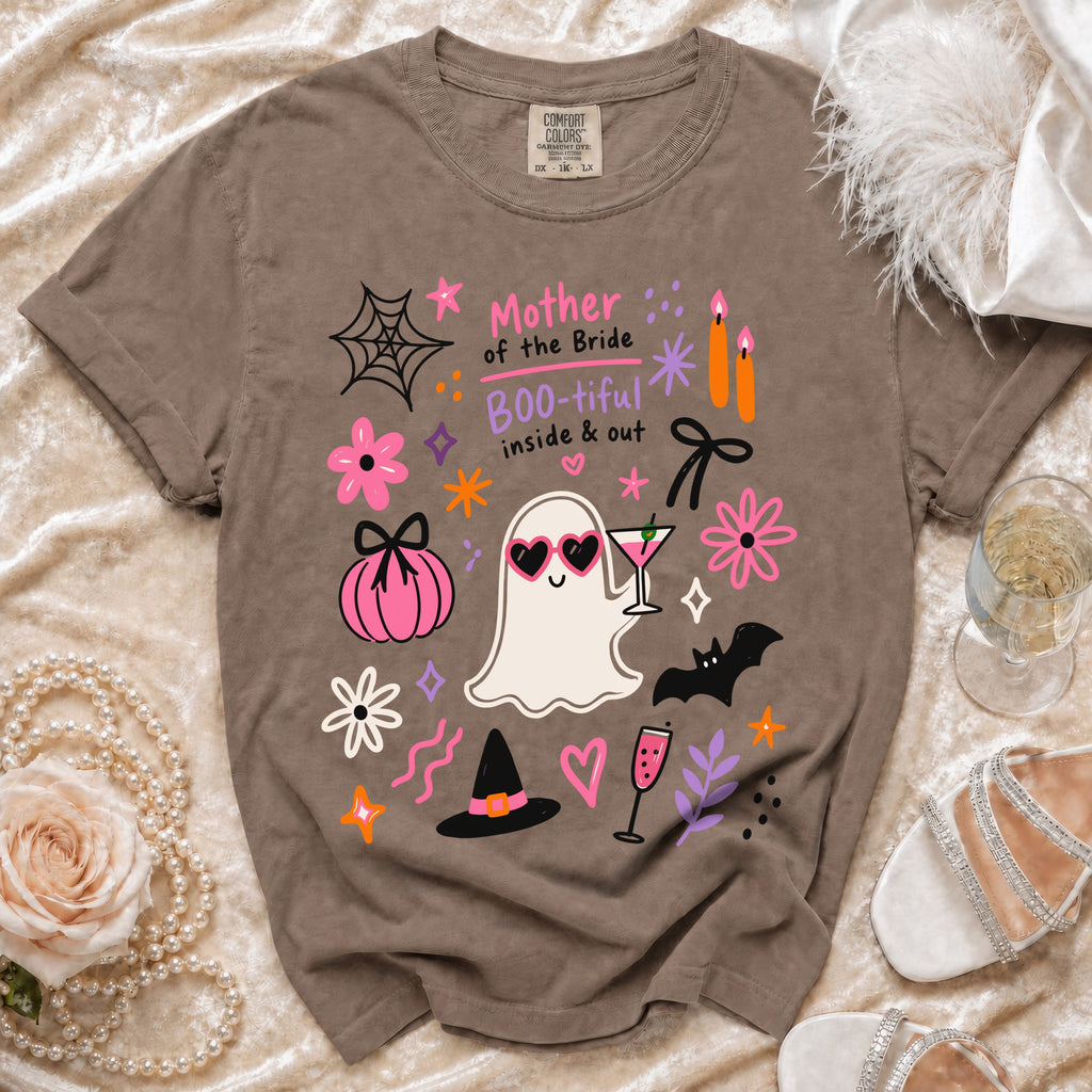 Brown t-shirt with "Mother of the Bride BOO-tiful inside & out" graphic.