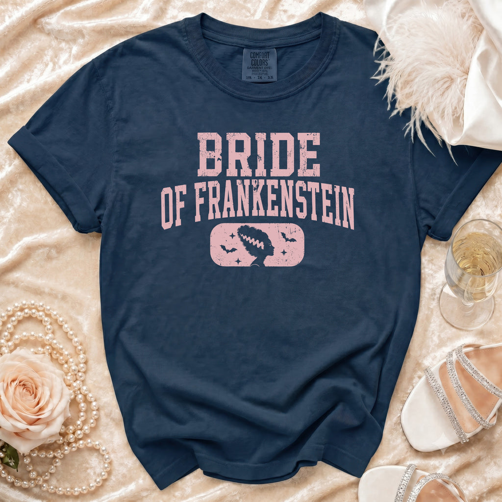 Navy t-shirt with "Bride of Frankenstein" text and silhouette of character.