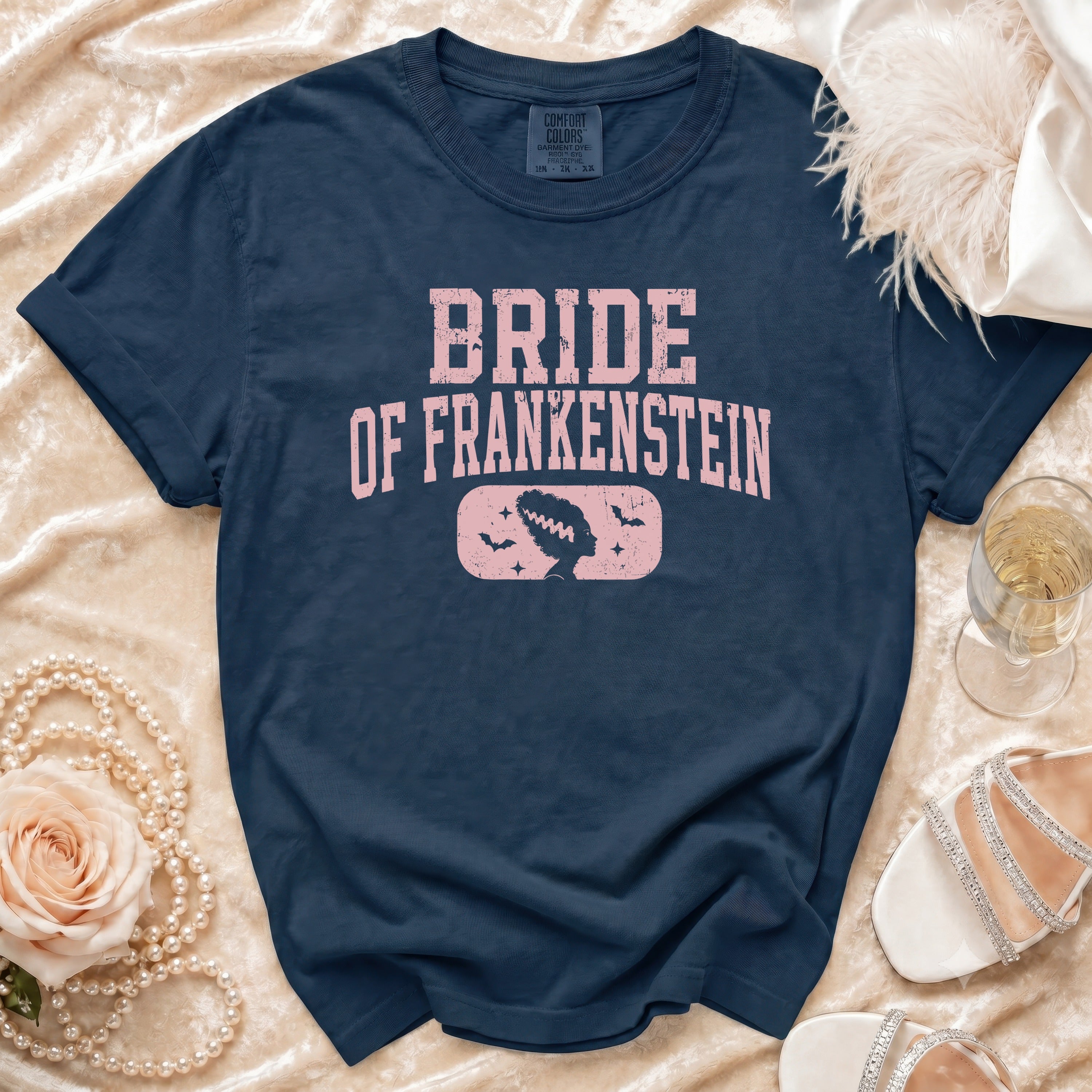 Navy t-shirt with "Bride of Frankenstein" text and silhouette of character.