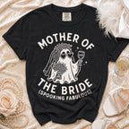 Black t-shirt with "Mother of the Bride (Spooking Fabulous)" text and a ghost graphic.