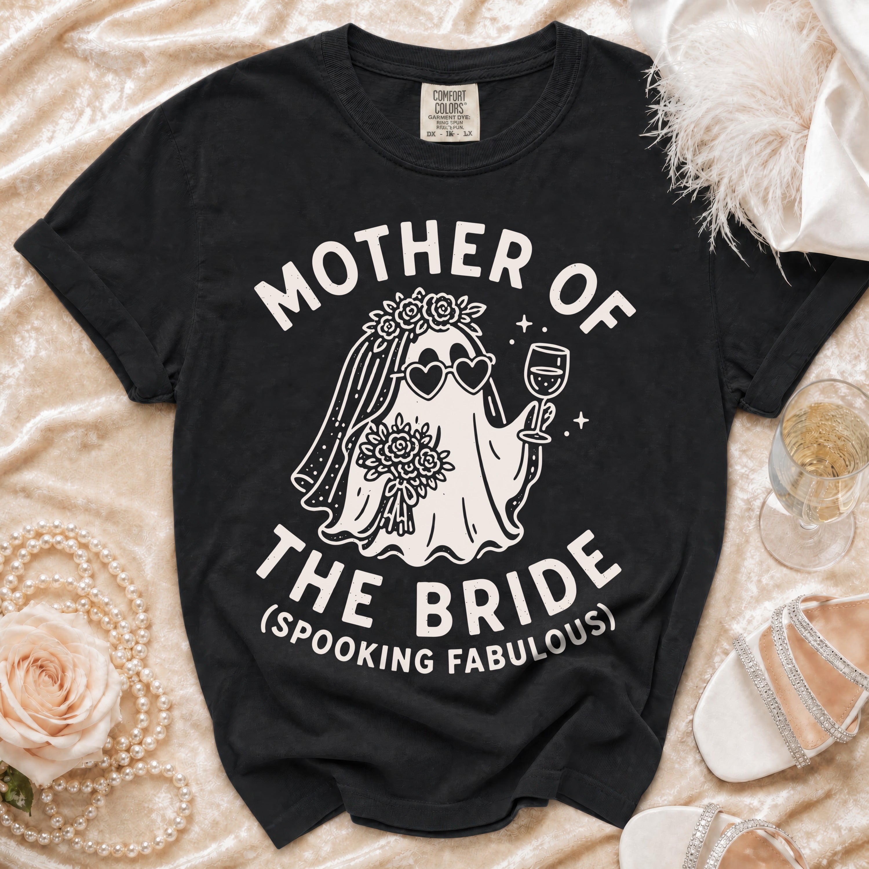 Black t-shirt with "Mother of the Bride (Spooking Fabulous)" text and a ghost graphic.
