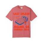 Coral t-shirt with "Last Splash Sarah's Bach MALIBU, CA SUMMER 2026" and pool float.