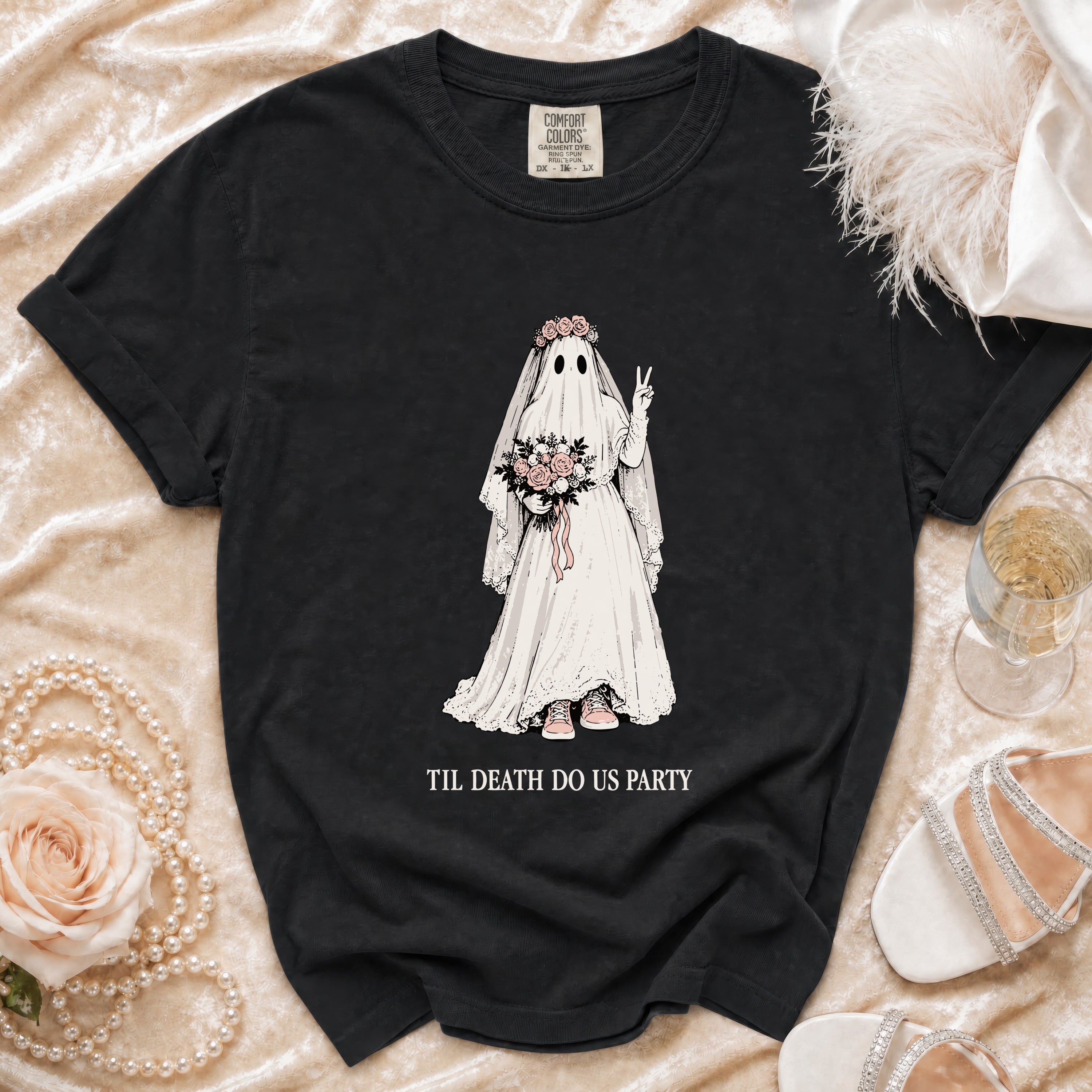 Black t-shirt with ghost bride graphic and "Til Death Do Us Party" text.