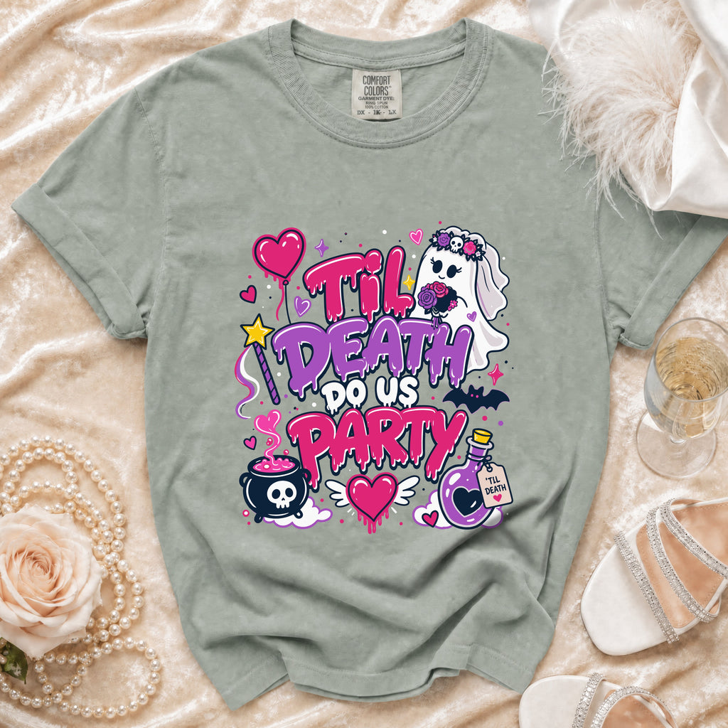Gray t-shirt with "Til Death Do Us Party" text and ghost bride graphic.