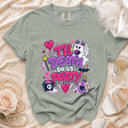 Gray t-shirt with "Til Death Do Us Party" text and ghost bride graphic.