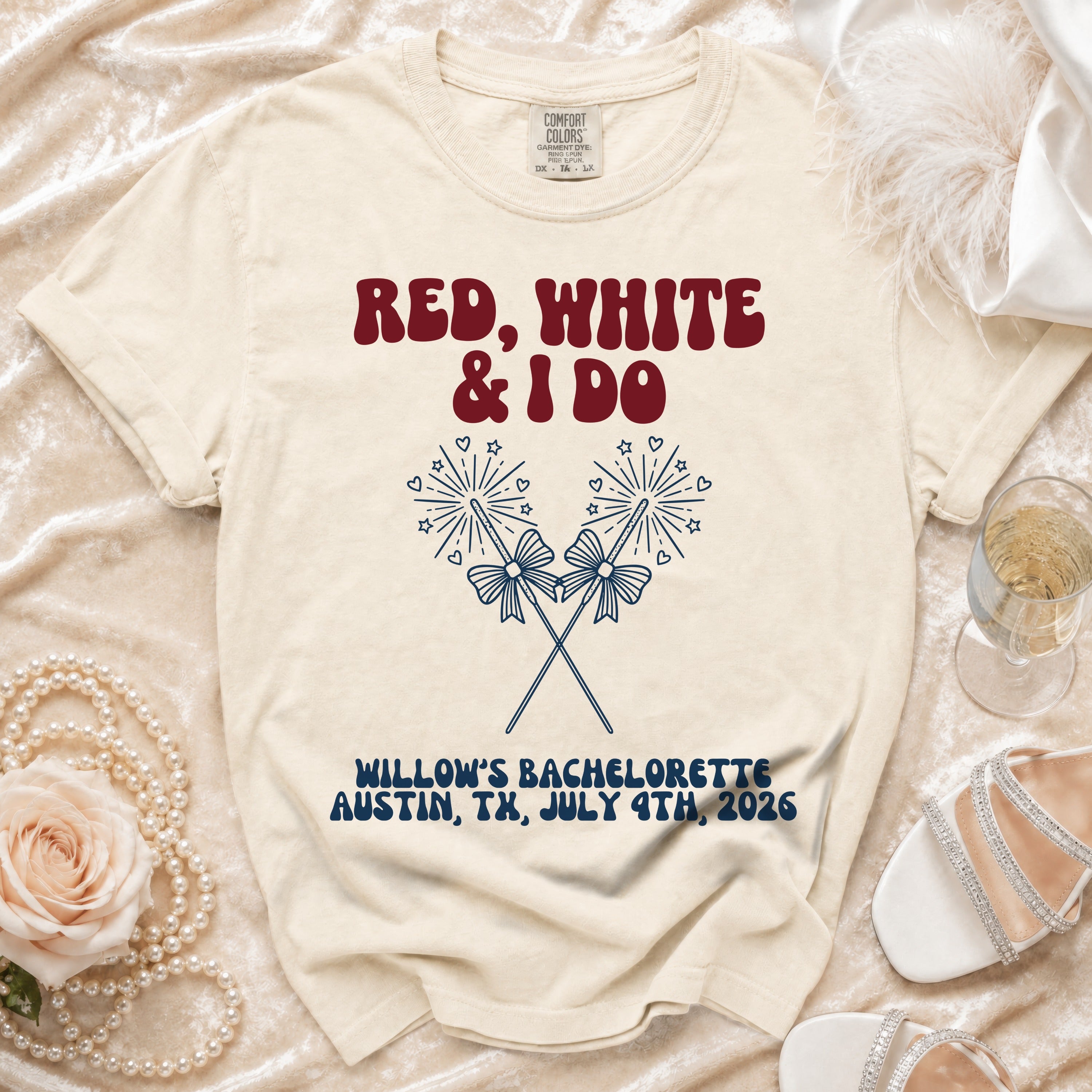 Cream t-shirt with "RED, WHITE & I DO" and bachelorette details.
