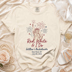 Bachelorette t-shirt with Statue of Liberty, fireworks, "Red, White & I Do Willow's Bachelorette" text.