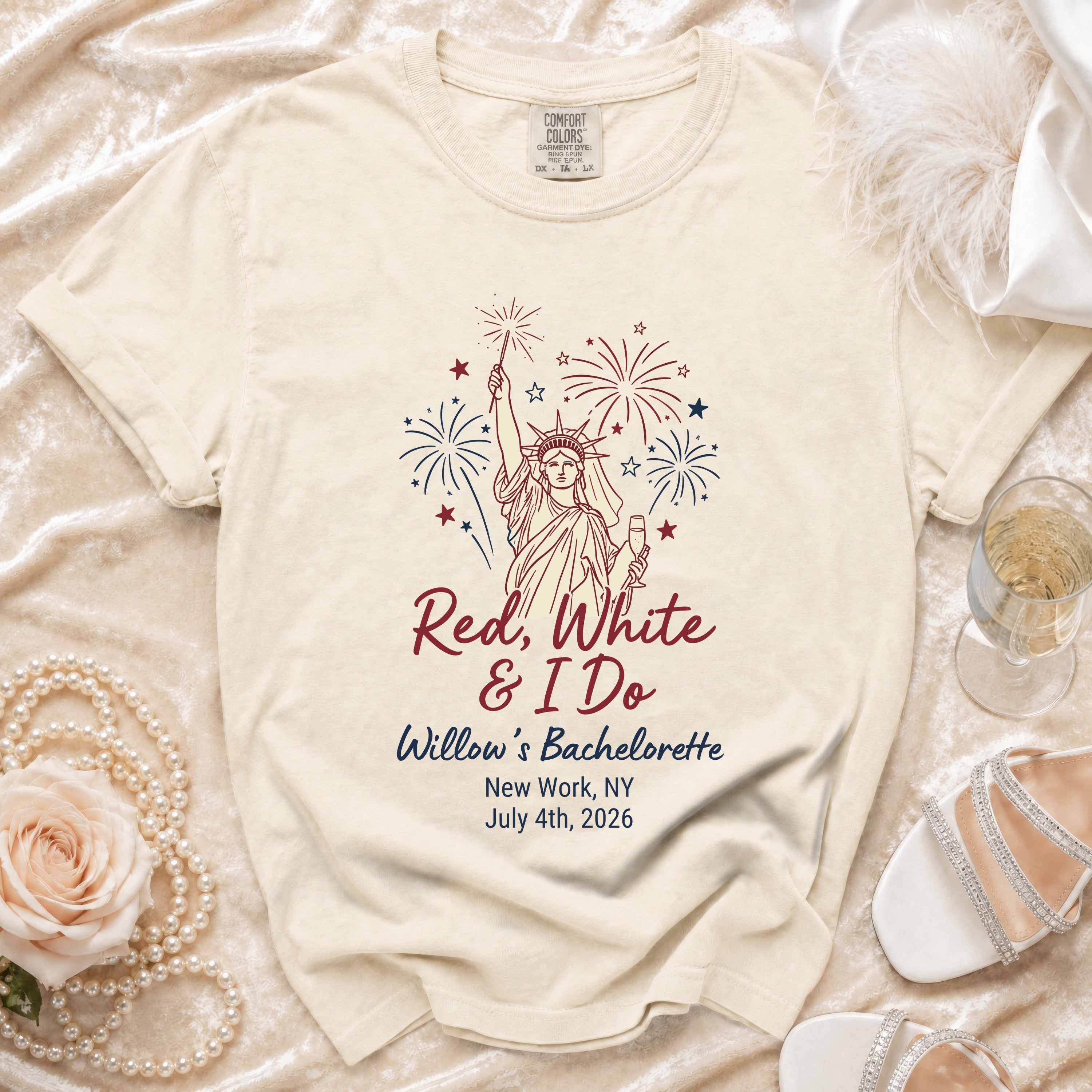 Bachelorette t-shirt with Statue of Liberty, fireworks, "Red, White & I Do Willow's Bachelorette" text.