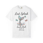 White t-shirt with "Last Splash Sarah's Bach Malibu, CA Summer 2026" text and mermaid tail graphic.