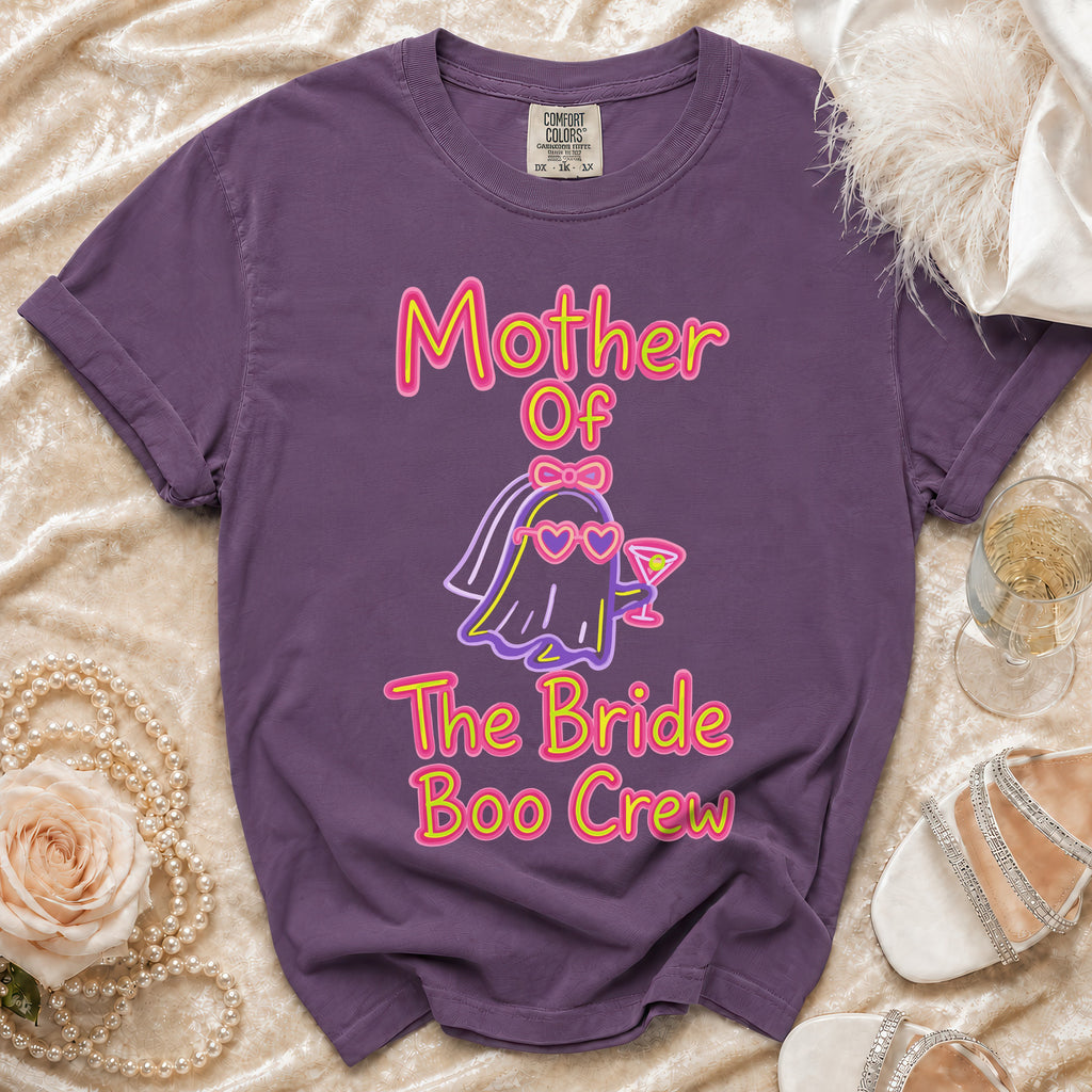 Purple t-shirt with "Mother Of The Bride Boo Crew" text and ghost graphic.