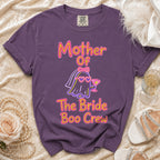 Purple t-shirt with "Mother Of The Bride Boo Crew" text and ghost graphic.