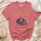 Red, White & I Do Willow's Bachelorette shirt with patriotic hat and sparkles.