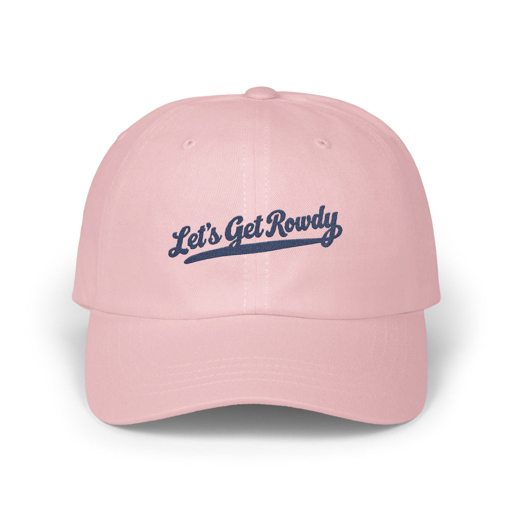 Light pink baseball cap featuring embroidered navy blue text that reads Let's Get Rowdy.