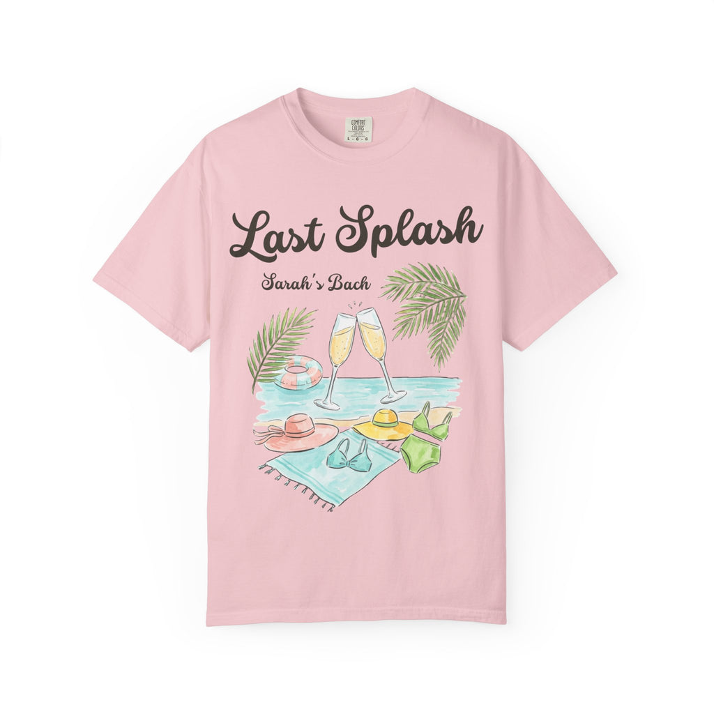 Pink t-shirt with "Last Splash Sarah's Bach" text and beach illustration.