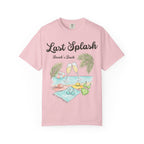 Pink t-shirt with "Last Splash Sarah's Bach" text and beach illustration.