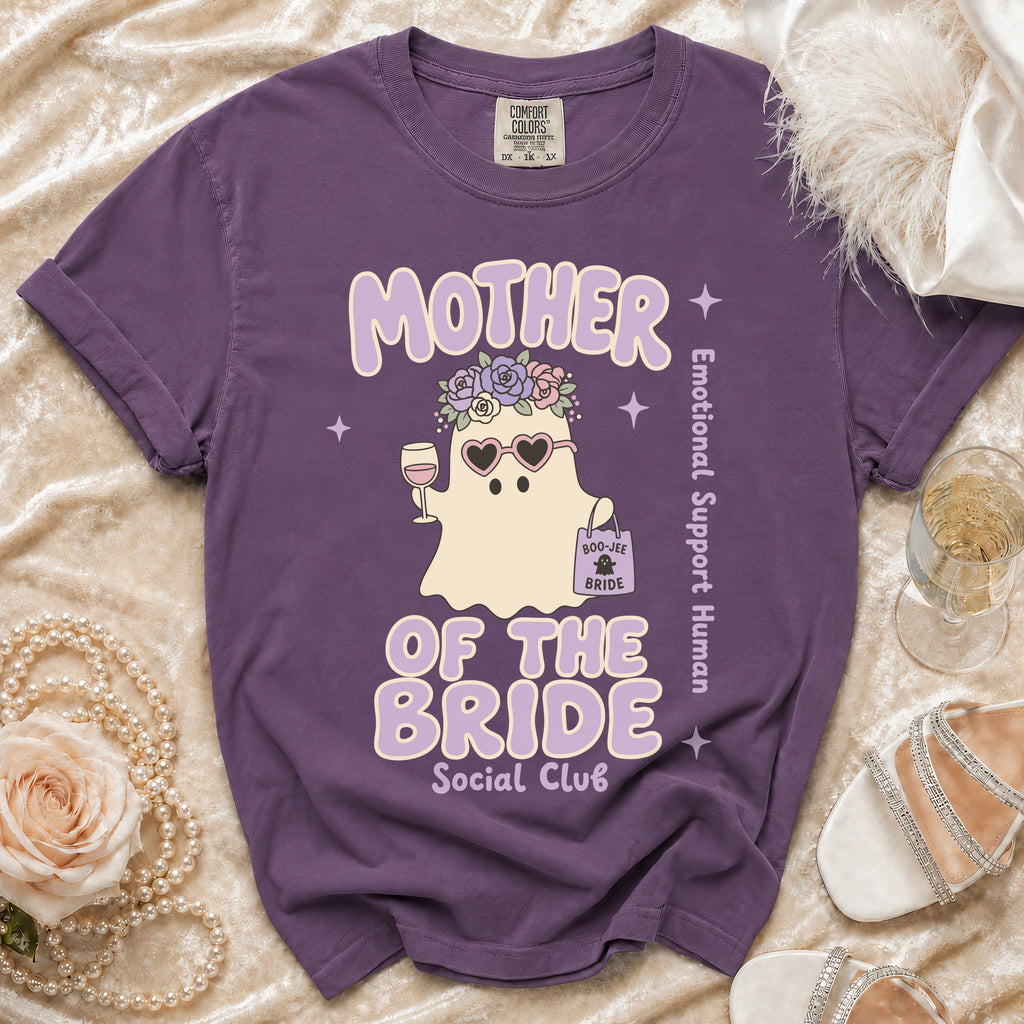 Purple t-shirt with "Mother of the Bride Social Club" and a ghost graphic.