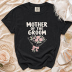 Black t-shirt with "MOTHER OF THE GROOM" and floral bouquet graphic.