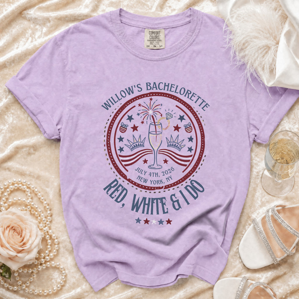 Willow's Bachelorette Red, White & I Do t-shirt with July 4, 2026, New York, NY.