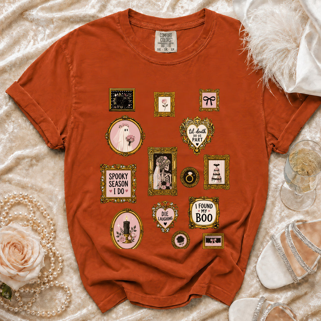 Orange t-shirt with a collection of framed vintage Halloween-themed graphics.