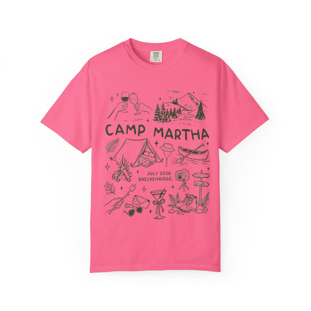 Camp Martha t-shirt with illustrations of camping activities and text "July 2026 Breckenridge".