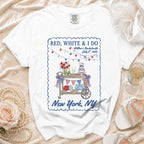 White t-shirt with "Red, White & I Do" bachelorette graphic for Willow's July 4, 2026, New York, NY.