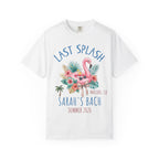 White t-shirt with "Last Splash Sarah's Bach Summer 2026" and flamingo graphic.