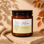 Amber candle with a label for "Mom" and a floral design.
