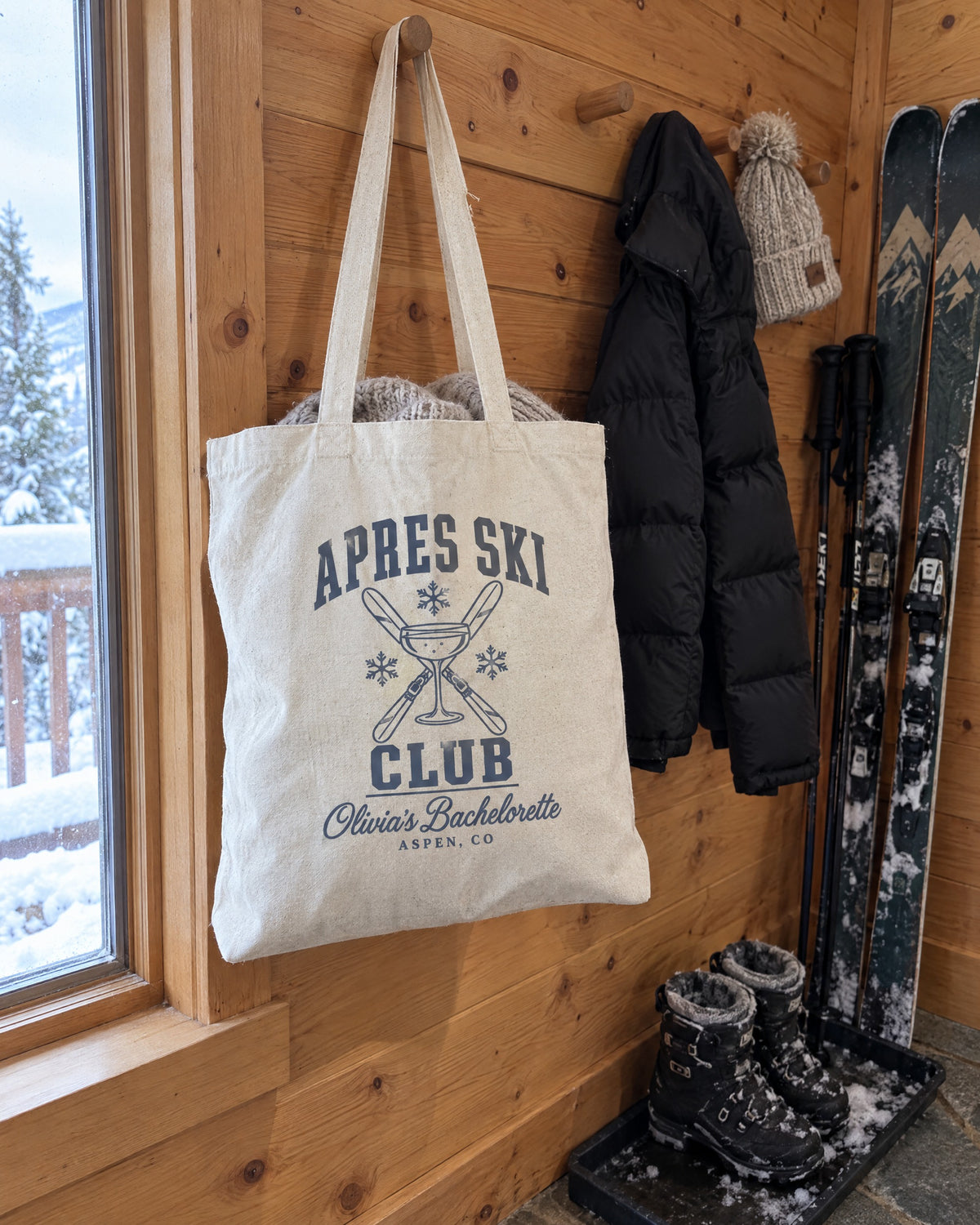 Apres Ski Club canvas tote bag on a bachelorette trip with the crew