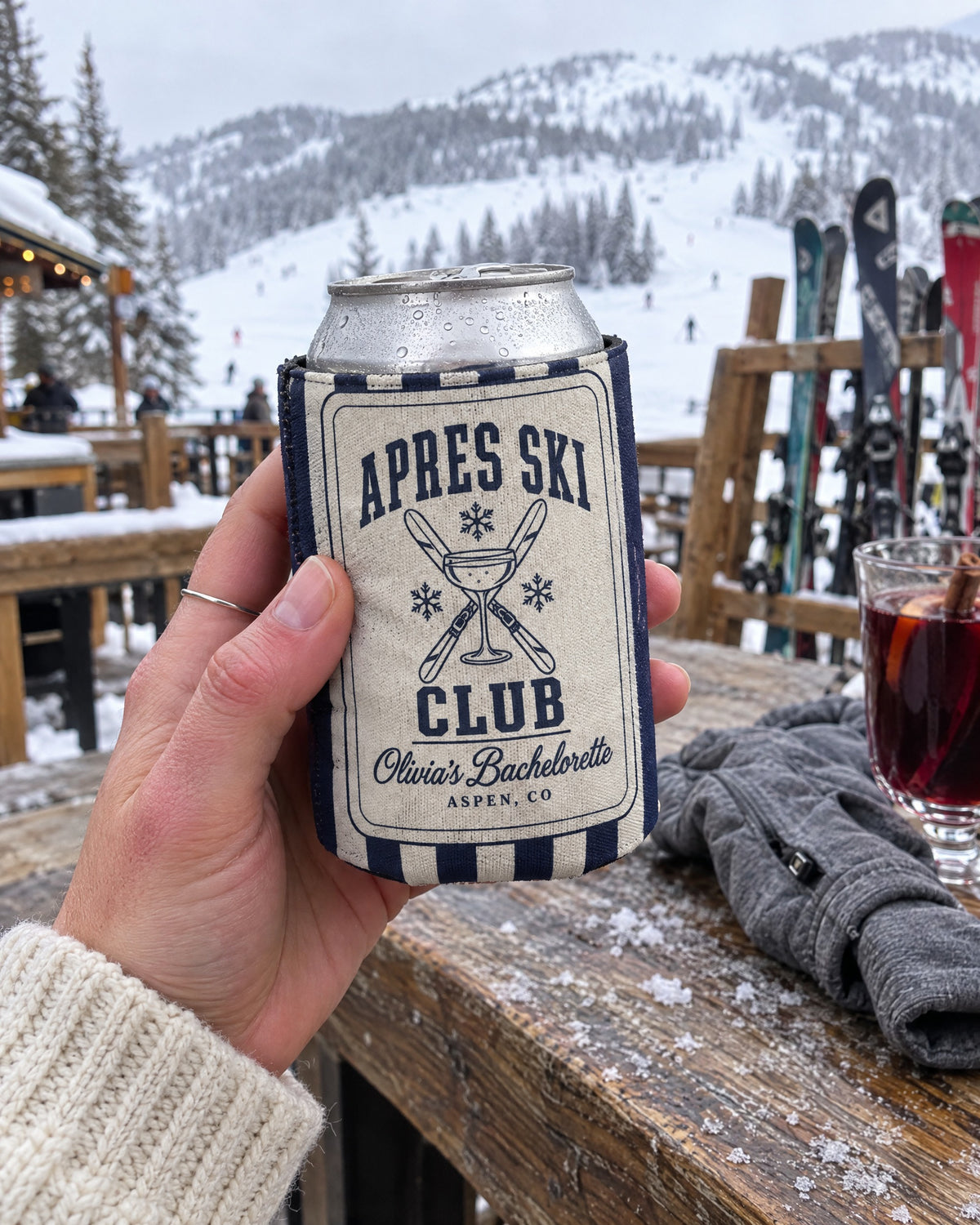 Apres Ski Club can coolers on a bachelorette trip with the crew