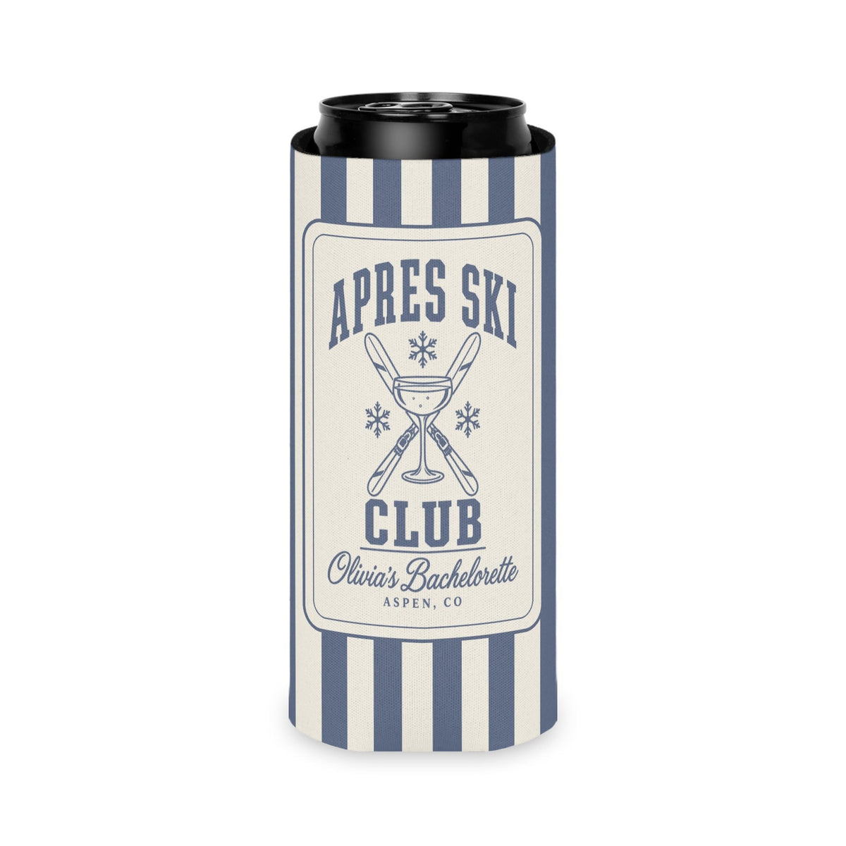 Apres Ski Club slim can cooler for tall seltzer cans, Blue Jean