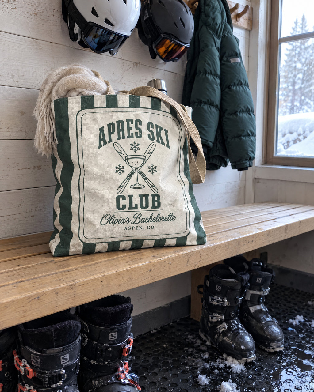 Apres Ski Club striped tote bag on a bachelorette trip with the crew