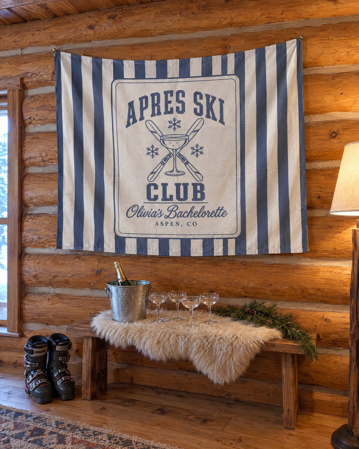 Apres Ski Club wall tapestry on a bachelorette trip with the crew