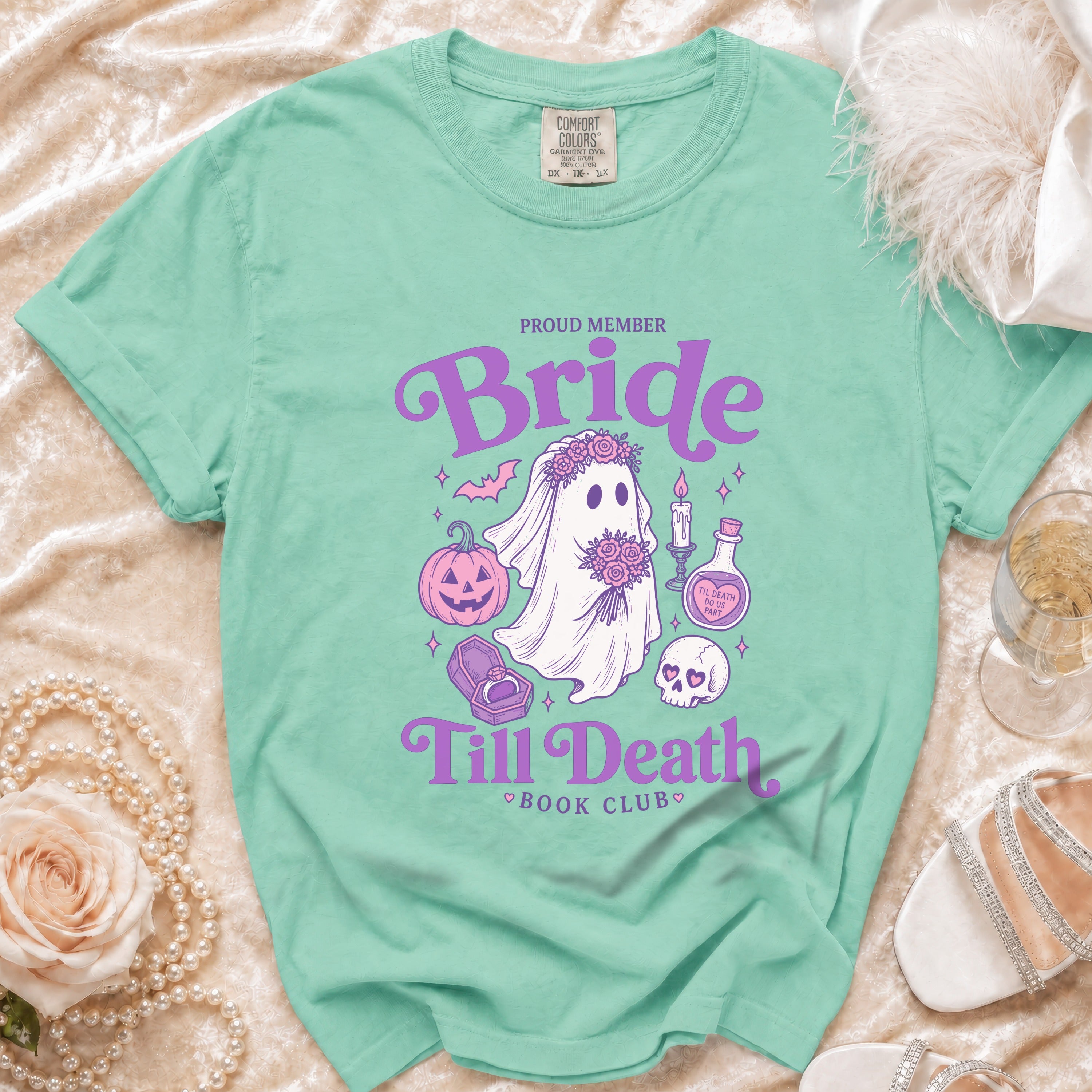 Mint t-shirt with ghost bride design: "Proud Member Bride Till Death Book Club".