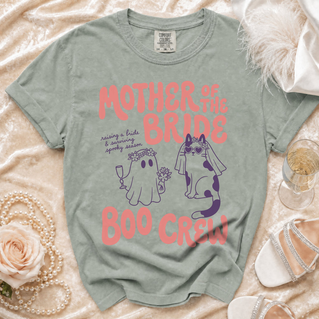 T-shirt with "Mother of the Bride Boo Crew" text and cartoon ghost and cat.