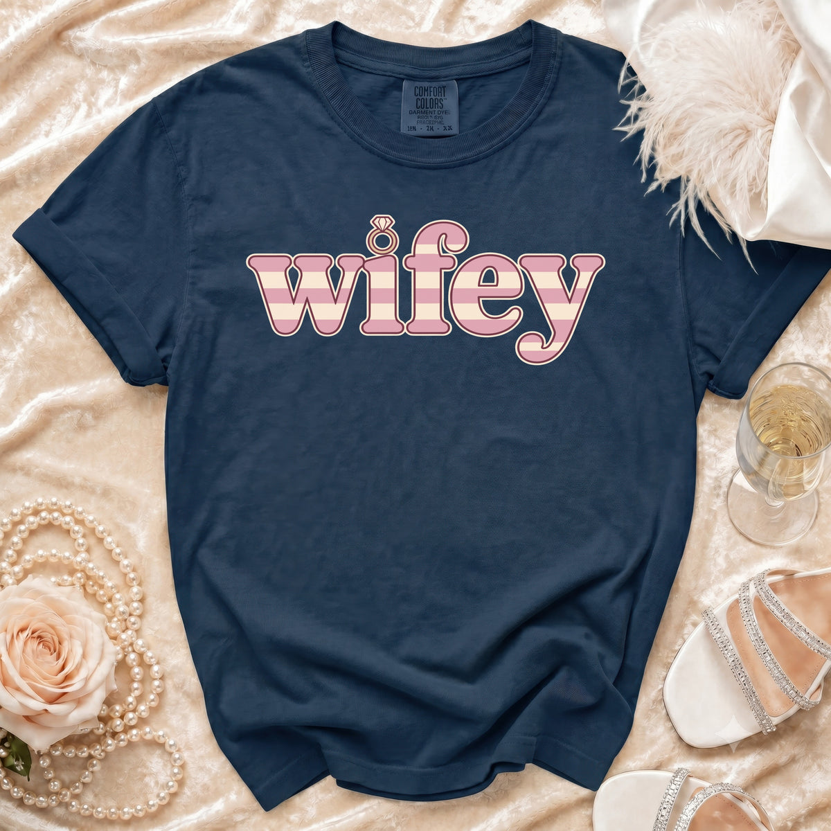 Navy blue t-shirt with "wifey" text and diamond ring graphic.