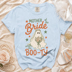 Light blue t-shirt with ghost bride graphic and text "Mother of the Bride with the Boo-ty".