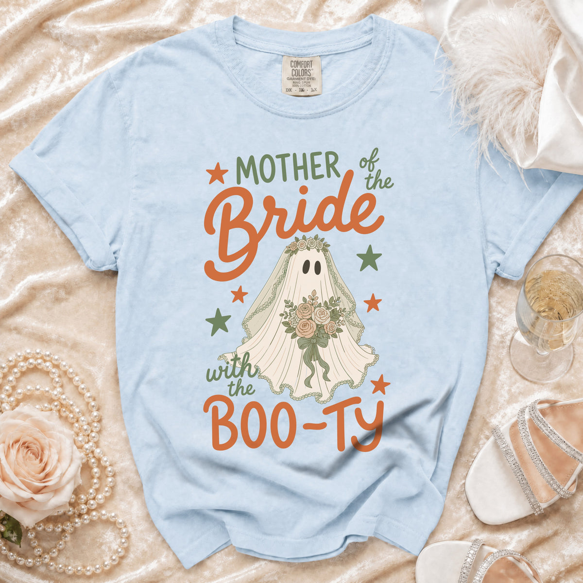 Light blue t-shirt with ghost bride graphic and text "Mother of the Bride with the Boo-ty".