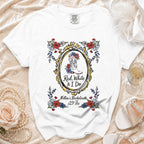 White t-shirt with floral frame, cowboy boot, "Bride, Red, White & I Do," and bachelorette details.