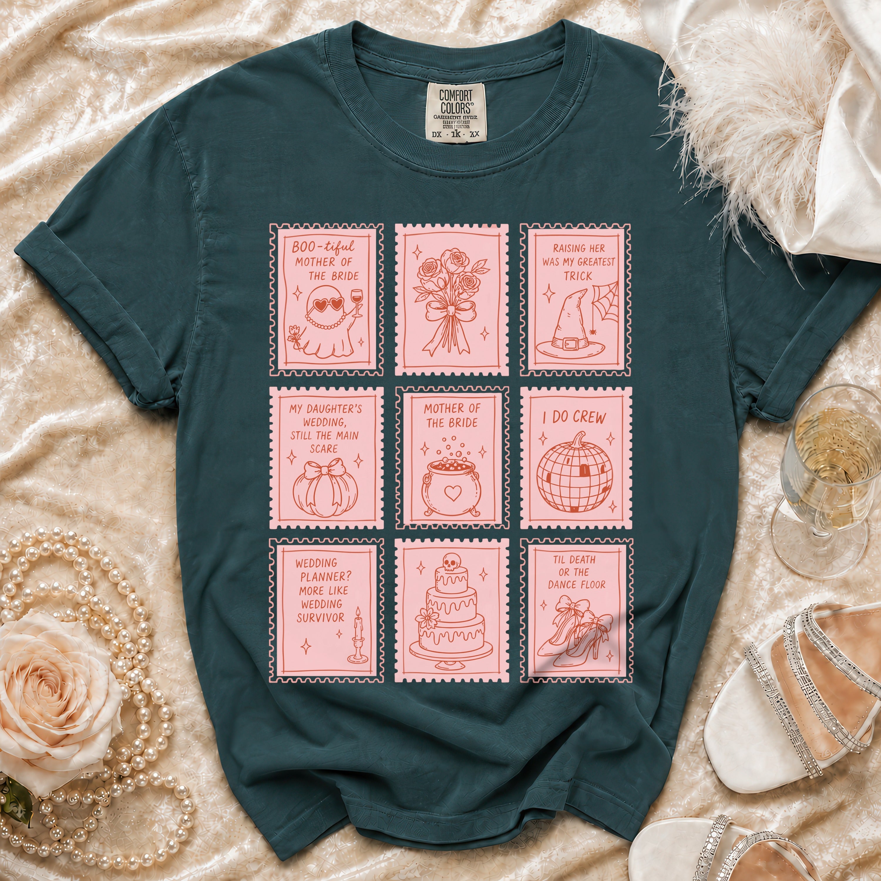 Dark green Comfort Colors t-shirt with pink wedding-themed stamp graphics and text.