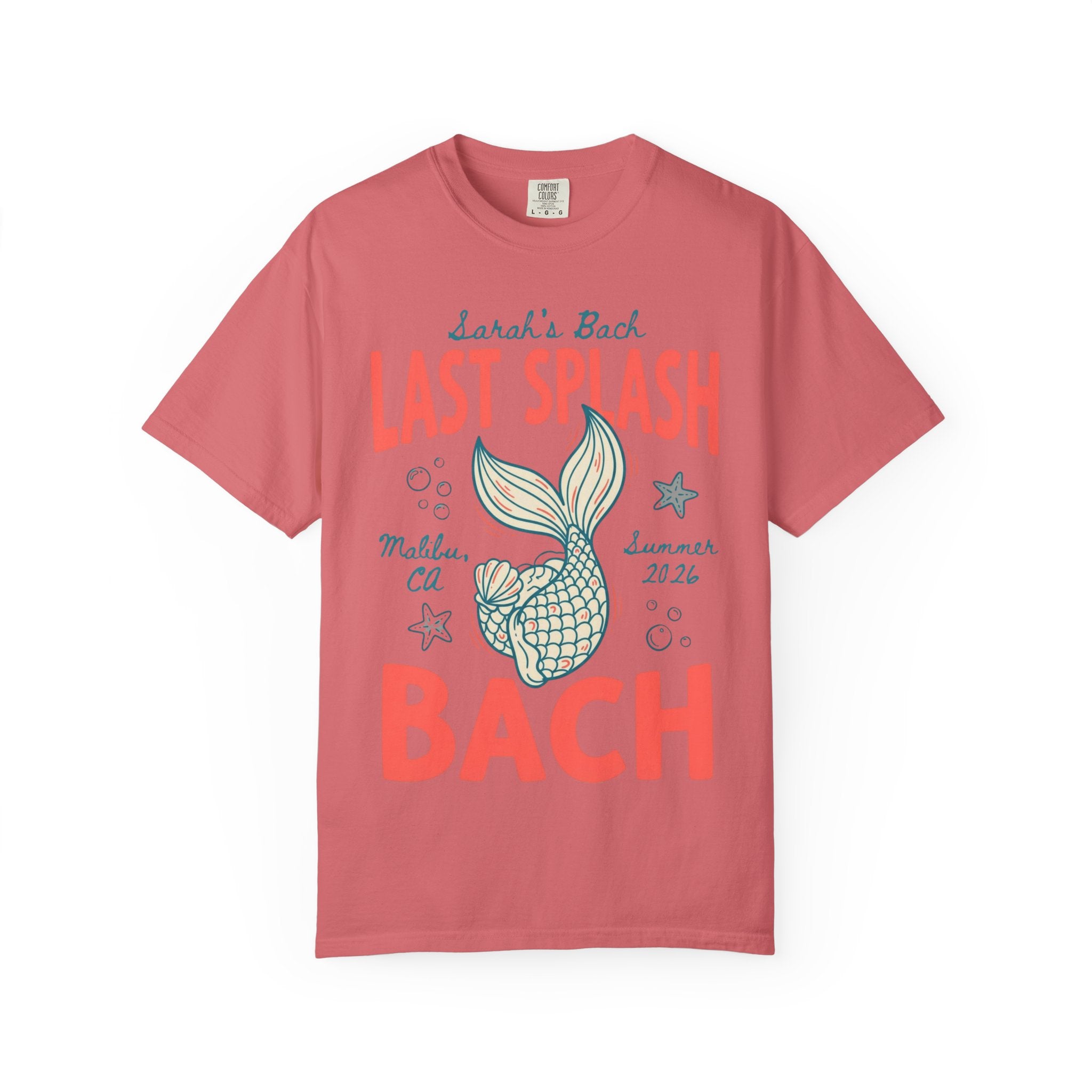 Coral t-shirt with "Sarah's Back Last Splash" and mermaid design.