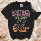 Black t-shirt with "Mother of the Bride by Day & Boo Crew by Night" text and a ghost.