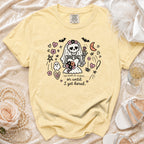 Yellow t-shirt with skeleton bride graphic and text " 'til death do us part... or until I get bored."