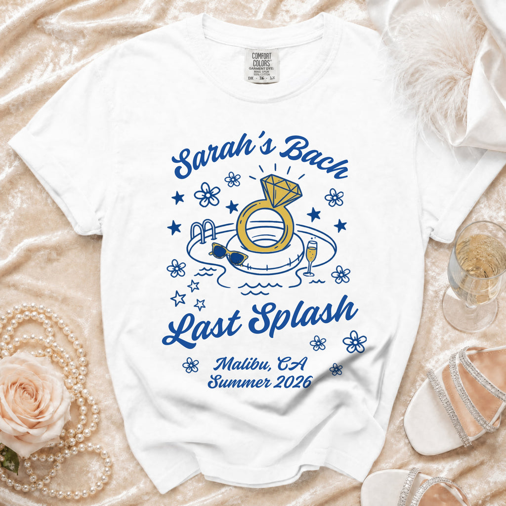 White t-shirt with "Sarah's Bach Last Splash Malibu, CA Summer 2026" graphic.