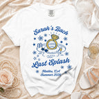 White t-shirt with "Sarah's Bach Last Splash Malibu, CA Summer 2026" graphic.