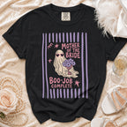 Black t-shirt with "Mother of the Bride Boo-Job Complete" graphic featuring a ghost.