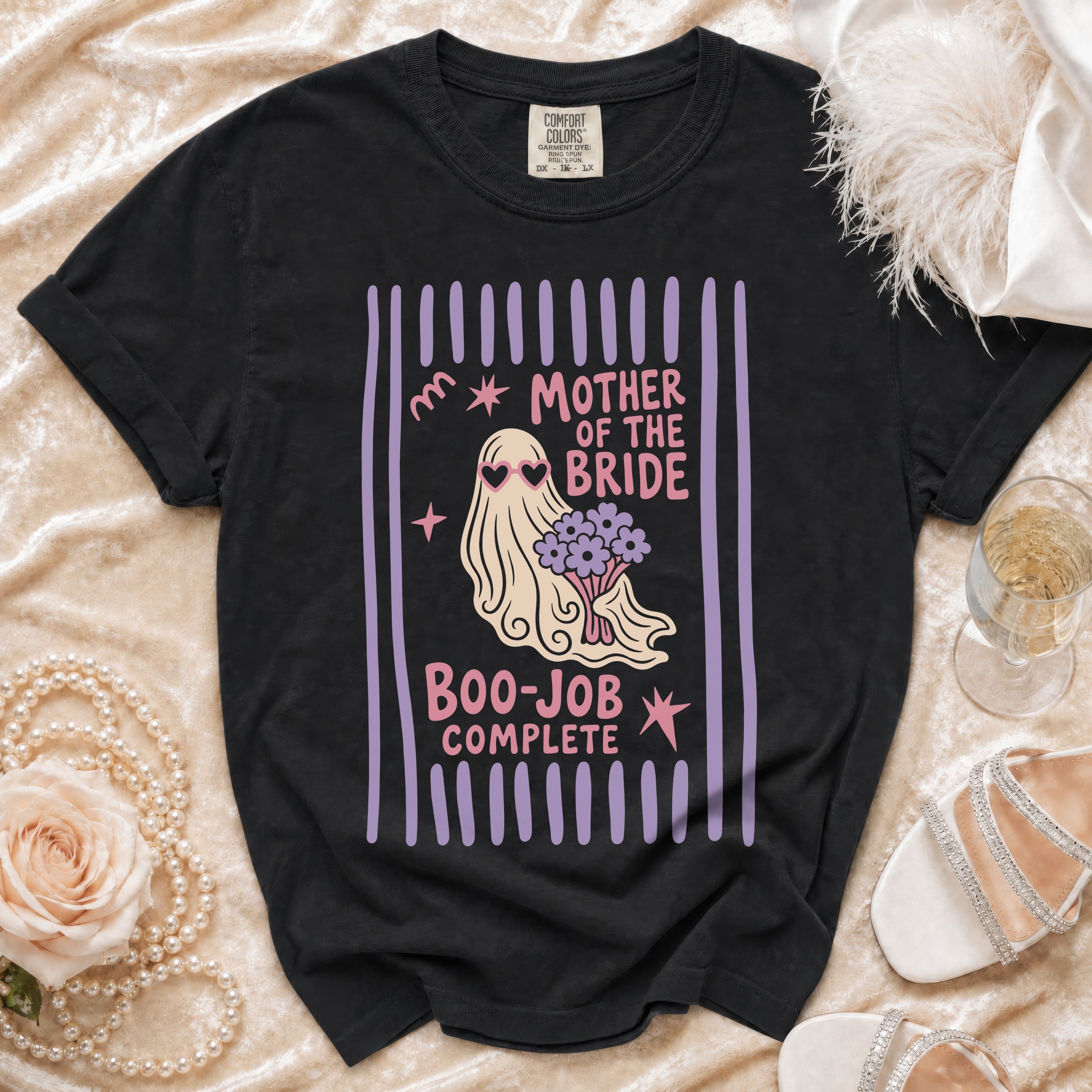 Black t-shirt with "Mother of the Bride Boo-Job Complete" graphic featuring a ghost.