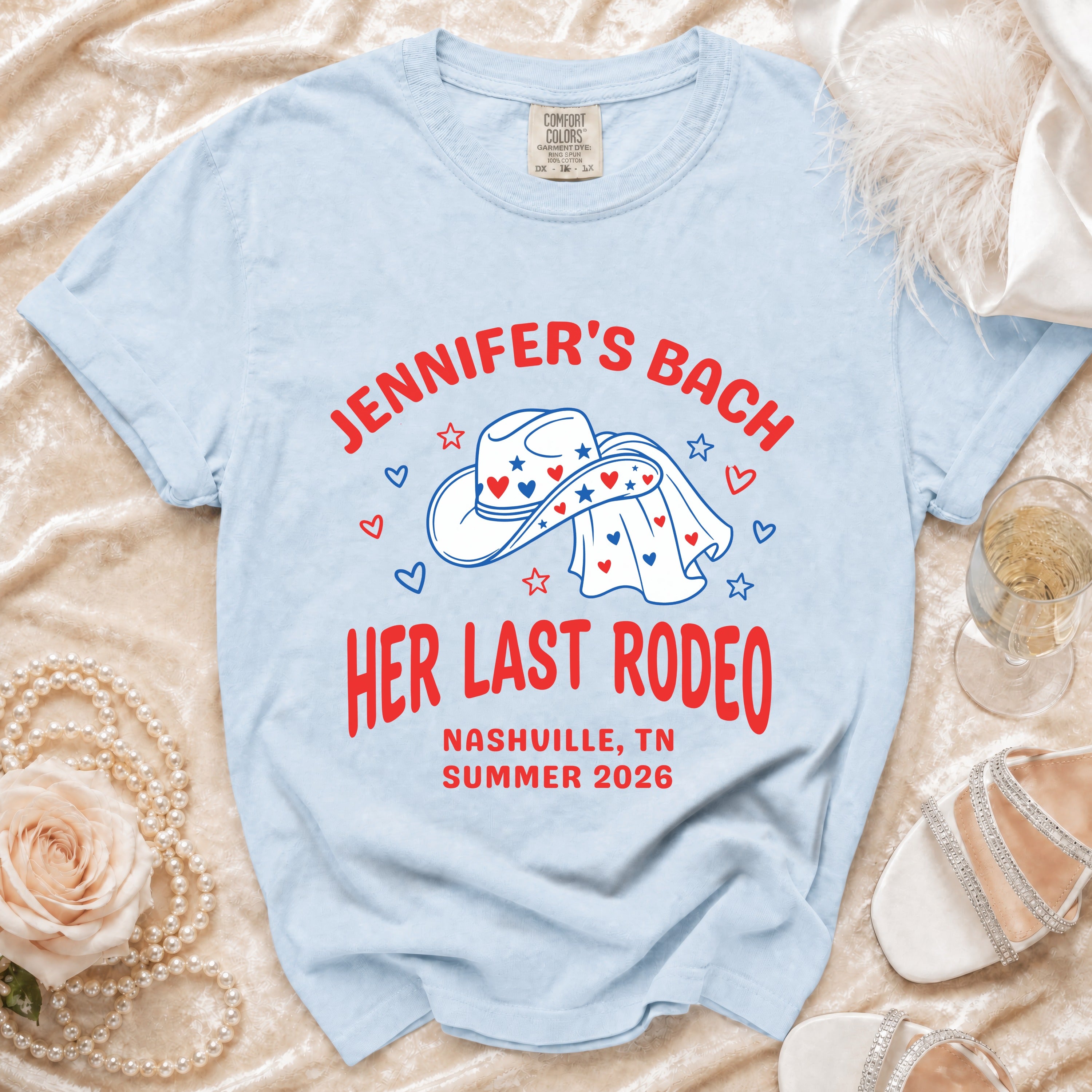 Blue t-shirt with "Jennifer's Bach Her Last Rodeo" and Nashville, TN 2026.