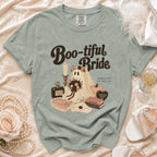 Ghost bride graphic with text "Boo-tiful Bride" and wedding elements.
