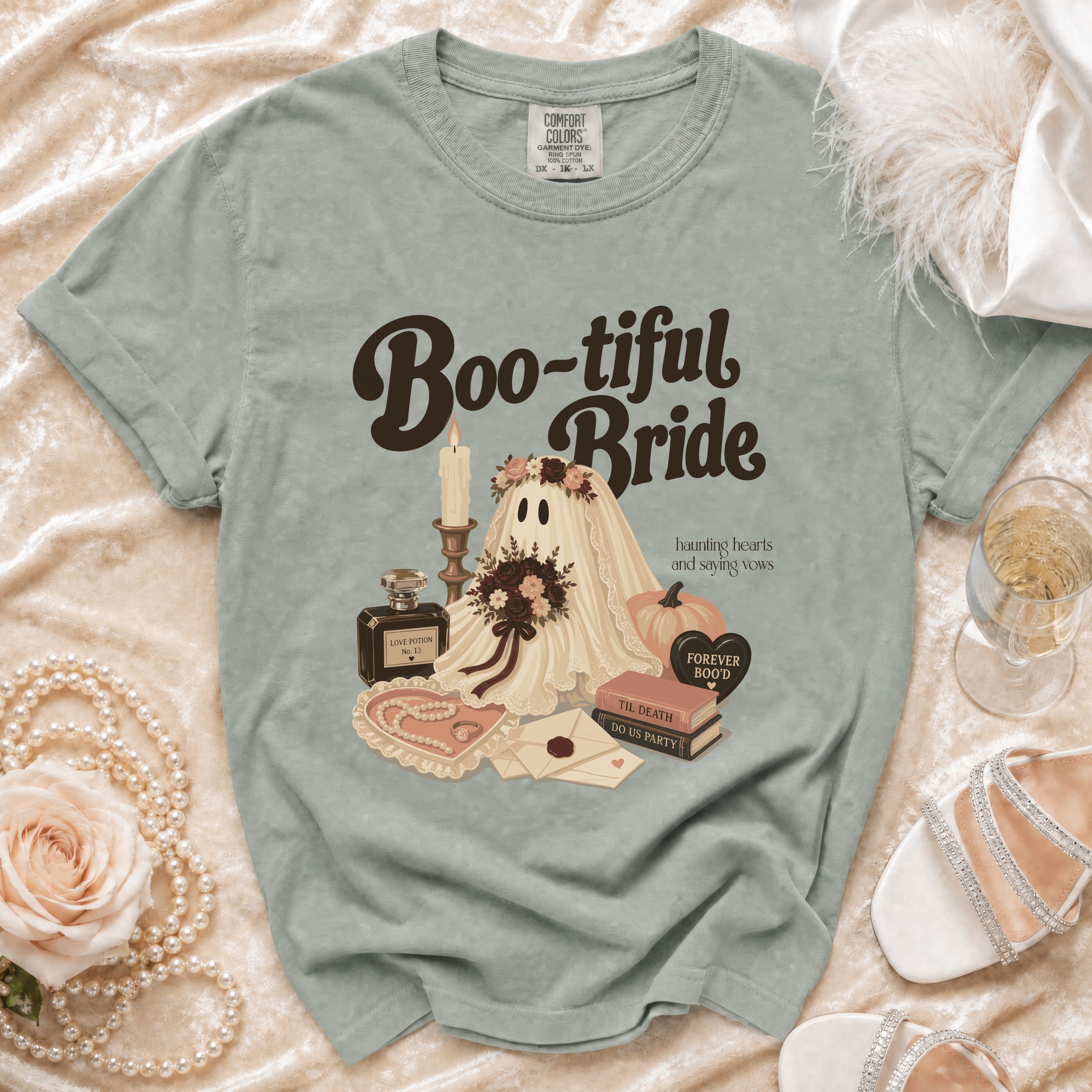 Ghost bride graphic with text "Boo-tiful Bride" and wedding elements.