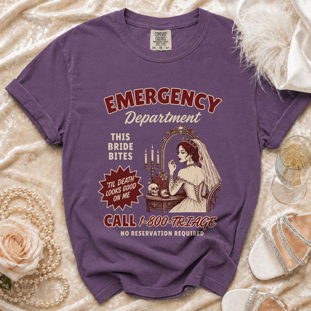 Purple t-shirt with "Emergency Department This Bride Bites 'Til Death Looks Good On Me" graphic.